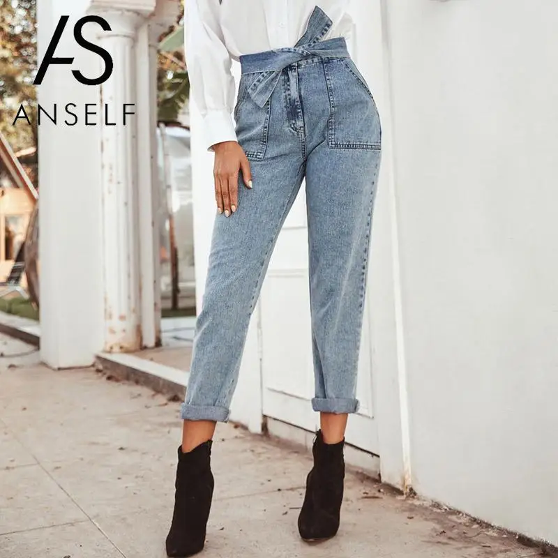 

2020 Fashion Denim Pants Women Straight Jeans Tied Knot High Waist Washed Denim Pants Vintage Trousers female Streetwear Blue