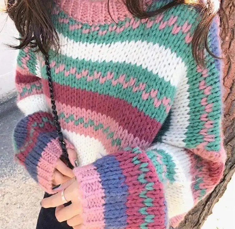 

Winter Women Rainbow Striped Sweaters 2020 Fashion Loose O-neck Long-sleeved Knitted Jumpers Korean Chic Crocheted Tops Clothes