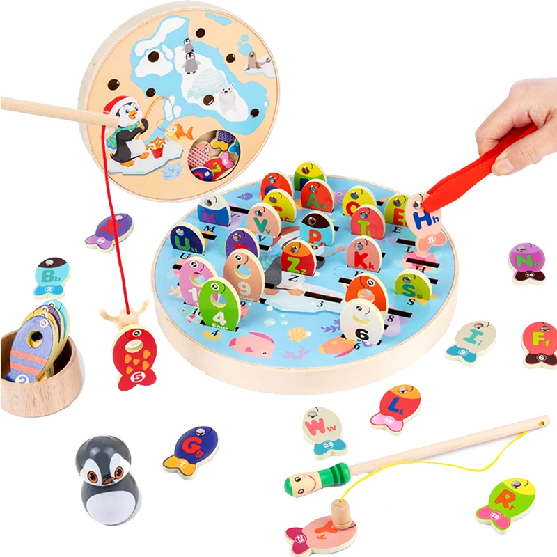 

Children Montessori Fish Games Puzzle Toys Alphabet Number Matching Board Game Early Educational Wooden Toys Fine Motor Training