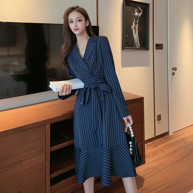 Весеннее женское платье в полоску элегантный офисный костюм для леди женские