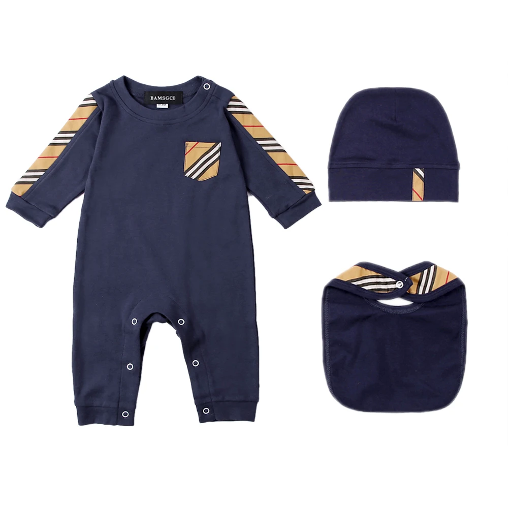 New summer fashion newborn baby clothes Plaid stripes cotton Long sleeve new born boys girls rompers Bibs hats 3 pcs sets | Детская
