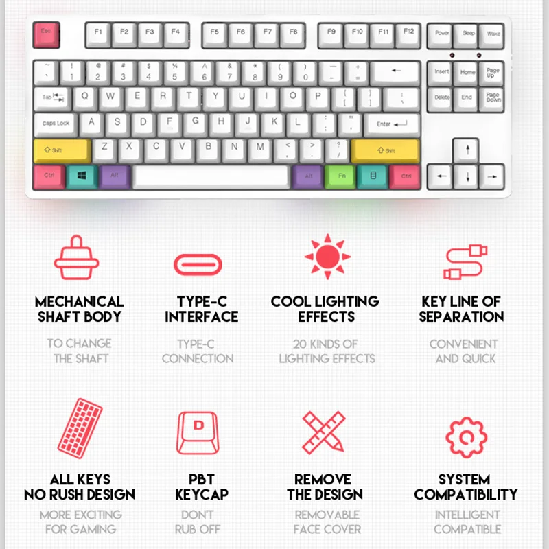 gaming mechanical keyboard 87 keys game blue red brown switch color backlit wired keyboard for pro gamer laptop pc free global shipping