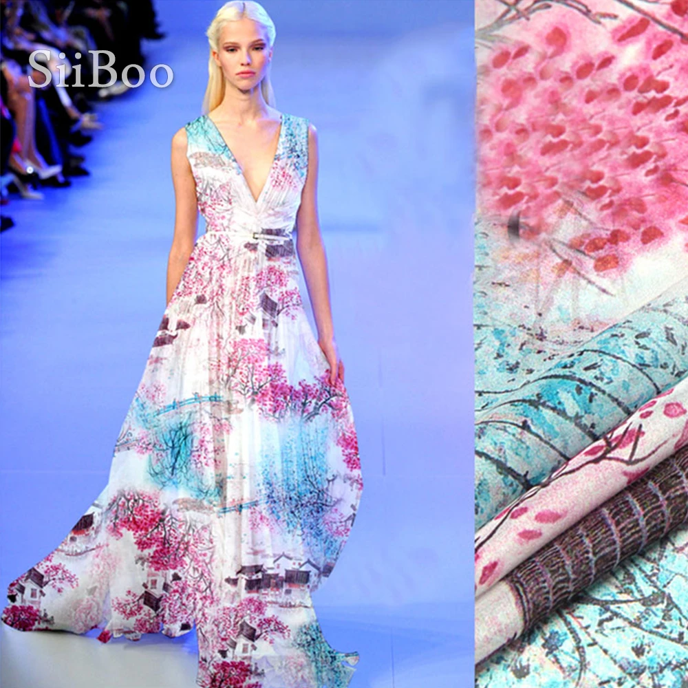 Китайский стиль Печать 100% натуральный шелк шифон ткань одежда для платья чистый