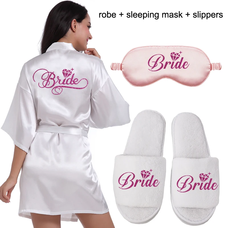 White robe shoe mask Индивидуальный Логотип Weddin Дата имя искусственный шелк кимоно халат для женщин Свадебные невесты халаты девичник свадебная одежда - Цвет: White robe shoe mask