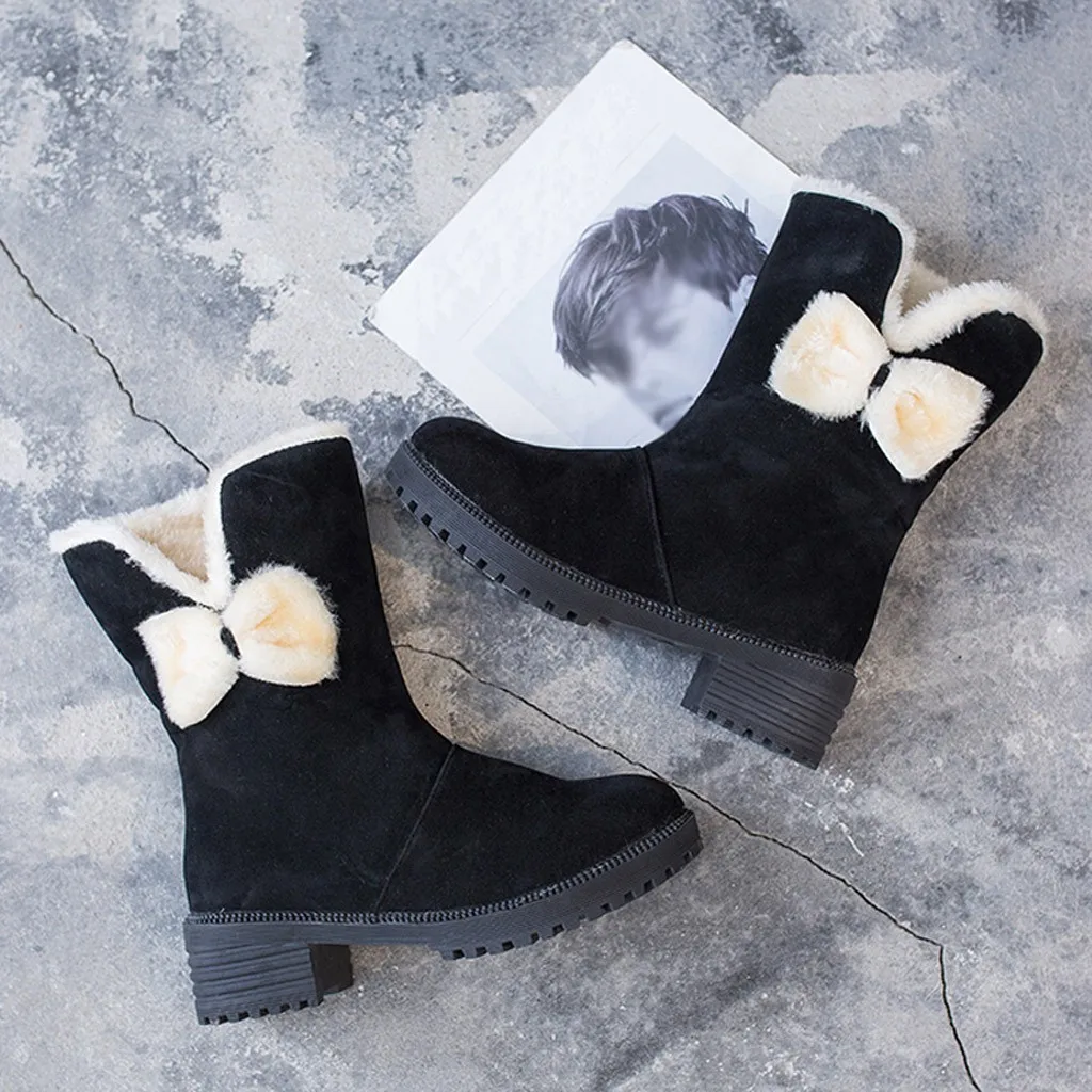 2019 женские зимние ботинки с круглым носком замшевые бантом Теплые ботильоны