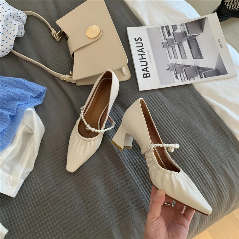 

New leather pointed toe shallow mouth single shoes thick heel women's shoes pearl all-match X788
