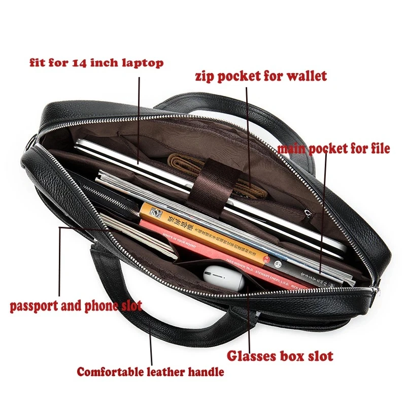 Men's Black Briefcase For Documents Fashion Male Genuine Leather 14 inch Laptop Bag Travel Handbag Shoulder Bags For Men Bags