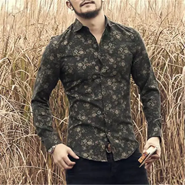 

Men's Floral Printed Shirts Long Sleeve Slim Fit Shirt Camisa Ins Male Casual Homme Cotton Satin Man Vantege Party Clothing