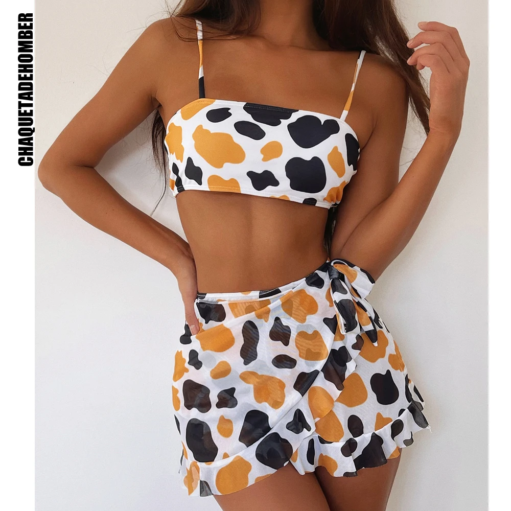 

Sexy Bikinis 2021 Women Cows Print Swimwear Summer Three Pieces Short skirt Vest Bathing Suit Halter biquini Beach Wear Swimsuit