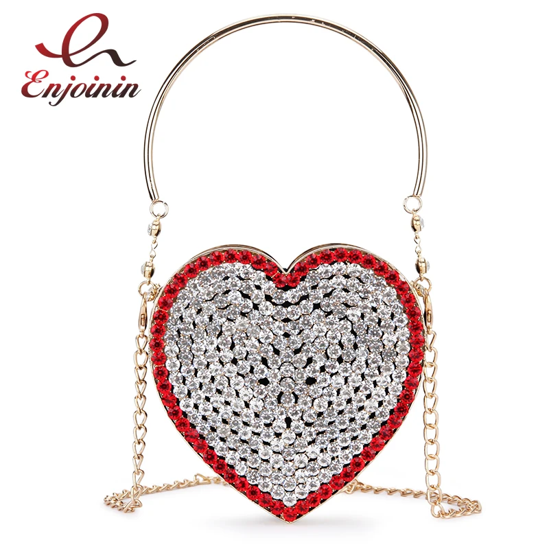 

Luxury Diamond Heart Shape Evening Clutch Bag for Women New Hollow Out Metal Cage Ladies Rhinestone Chain Purses and Handbags