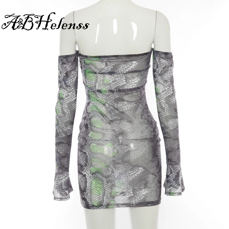 

A&BHelenss 2021 Summer Women Beach Leisure Vacation Fashion Suits Snake Print One Shoulder Mesh See-Through Sexy Dress