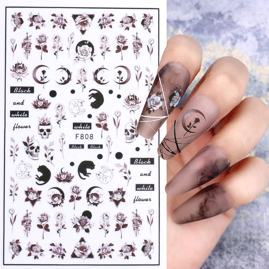 Черный и белый цветок ногтей 3D стикер простой дизайн слайдер в виде листа