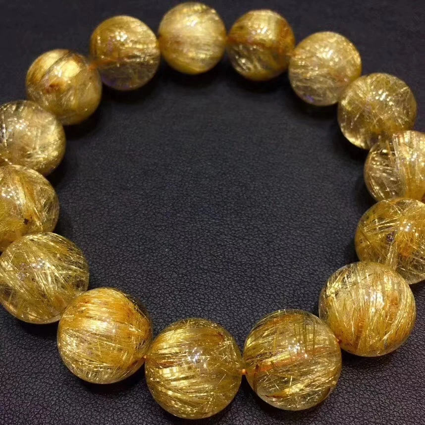 

15mm Natural Brazil Gold Rutilated Quartz Crystal Woman Man Cat Eye Wealthy Clear Round Beads Bracelet Jewelry Fashion AAAA