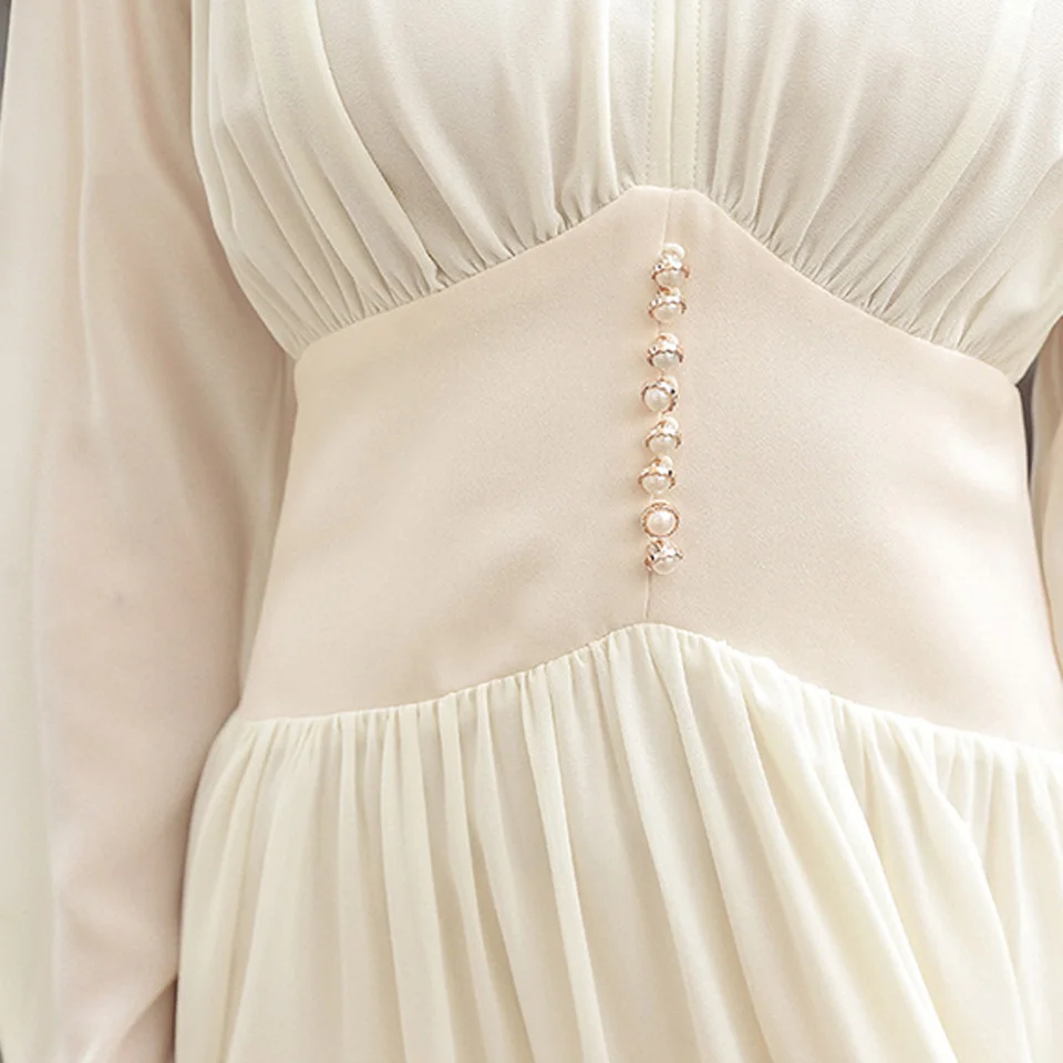 

Apricot Temperament Chiffon Dress 2020 Autumn Simple V-Neck High Waist Decorative Buttons Folds Elegant Party Dress Women