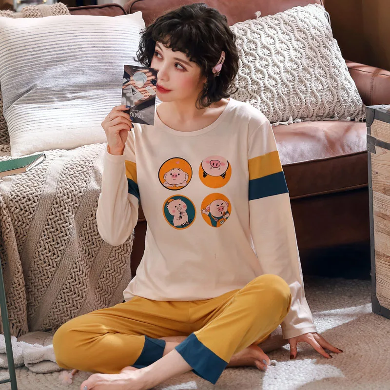 Смешанные цвета женские пижамы набор осень 2019 круглый вырез s длинный рукав