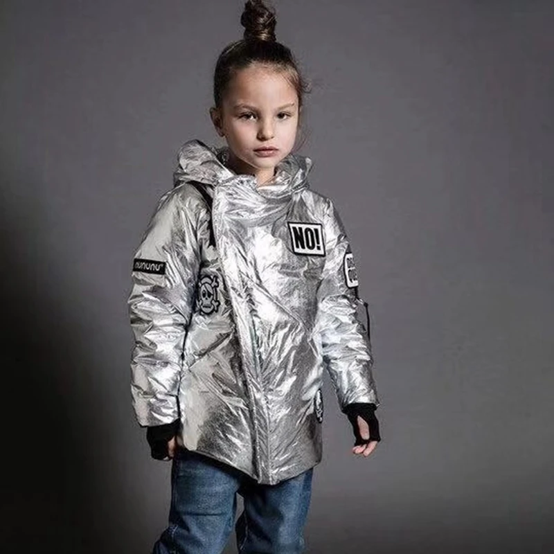 Детское зимнее теплое пальто с капюшоном на утином пуху рисунком черепа|Пальто и