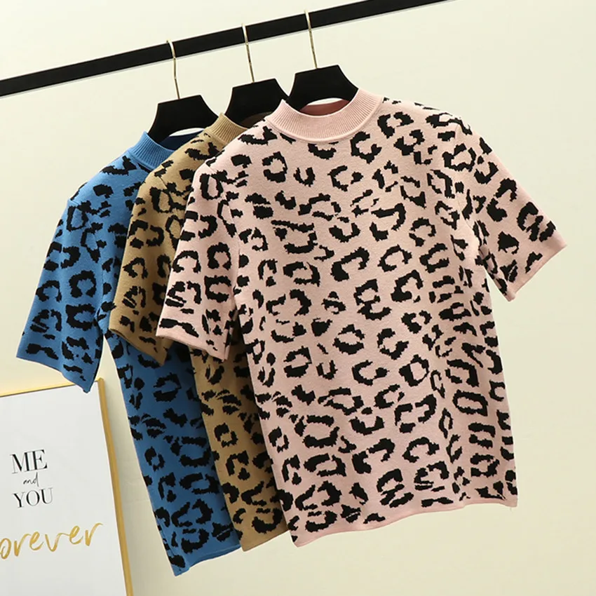 Осенняя трикотажная футболка с коротким рукавом сексуальная леопардовая для