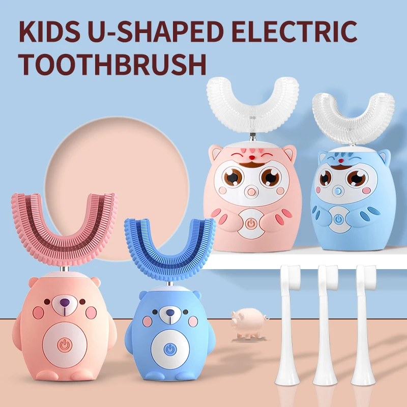 Kids Toothbrush Silicon Automatic Ultrasonic Electric Toothbrush Cartoon Pattern For Children 360 Degree U-shaped