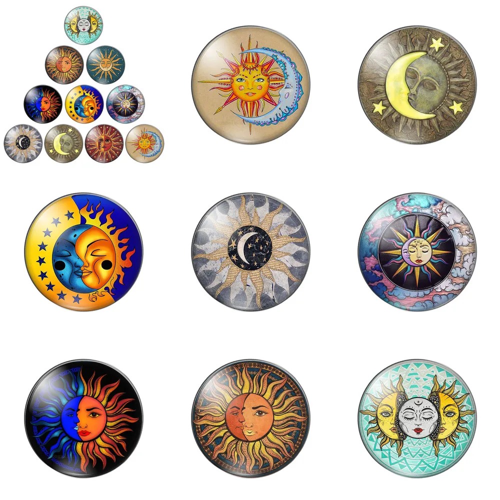 

Cartoon Sun and Moon Patterns 10pcs 10mm/12mm/14mm/16mm/18mm/20mm/25mm Round Photo Glass Cabochon Demo Flat Back Making Findings