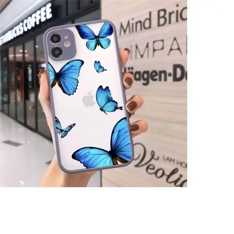 

Phone Case For iPhone 12 11 Mini Pro XR XS Max 7 8 Plus X Blue Butterfly Matte transparent Gray Cover