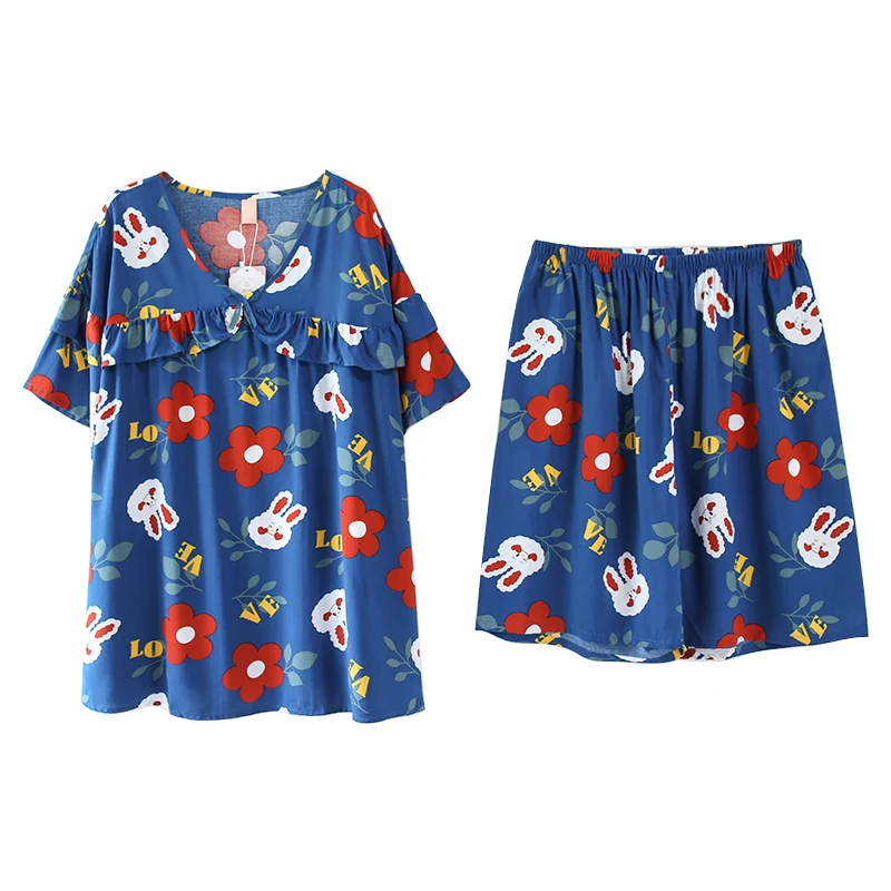 

Nordic Slimming XL plus Size Short Sleeve Shorts Pajamas 2-Piece Ultra-Thin Fat People Cotton Silk Summer plus Size Women 200