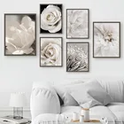 Картина на холсте с белыми цветами, с изображением пиона, розы, хризантемы, плакат в скандинавском стиле, Простота печати, картина для декора гостиной