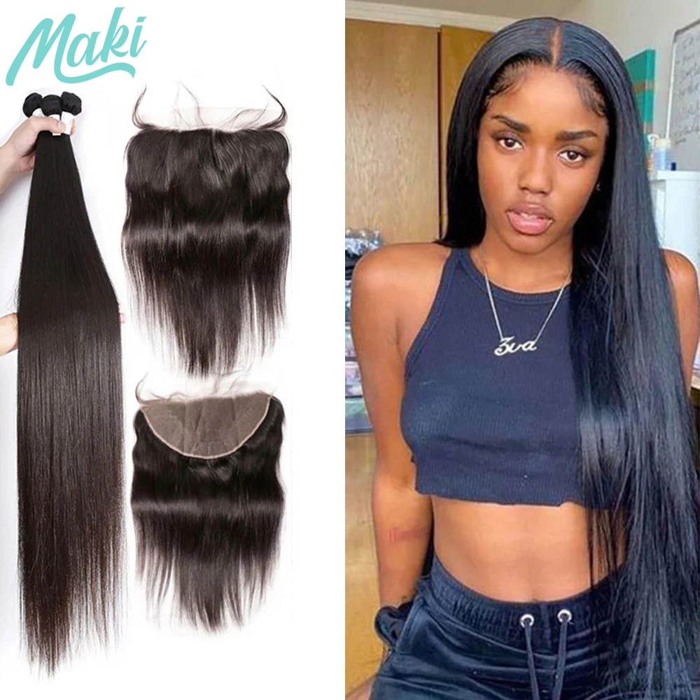 Maki Hair 30 32 34 Long Straight Brazilian Hair Weave 3 Bundles With Frontal Human Hair Bundles With Closure Remy Hair Extension