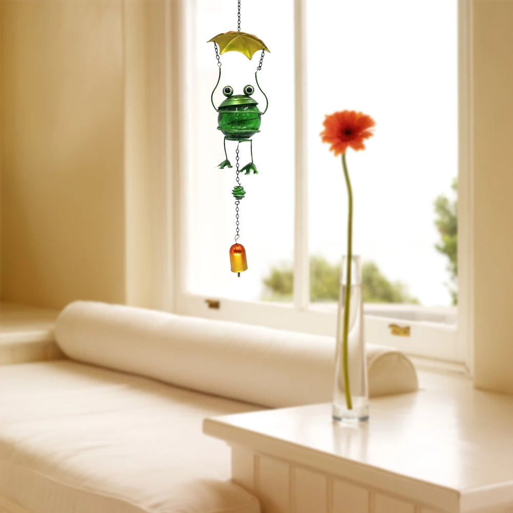 

Hanging Bell Garden Frog Wind Chime Metal Garden Tree Ornament Painted Bouncing Crackle Glass Globe Suncatcher Swinging Yard