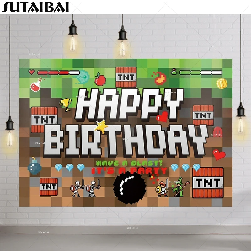 Game World Pixel Party Block Game Happy Birthday Backdrop Banner for Boys Kids Background Wall Decoration Photo Booth Photophone