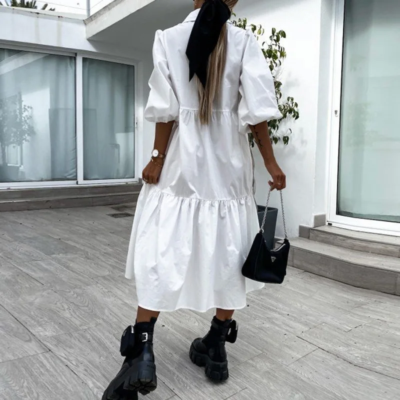 

Summer Dress Loose Women Party Dresses Sexy Turn-down Collar Button Office Lady Robes Retro Half Sleeve Long Dress Robe Femme