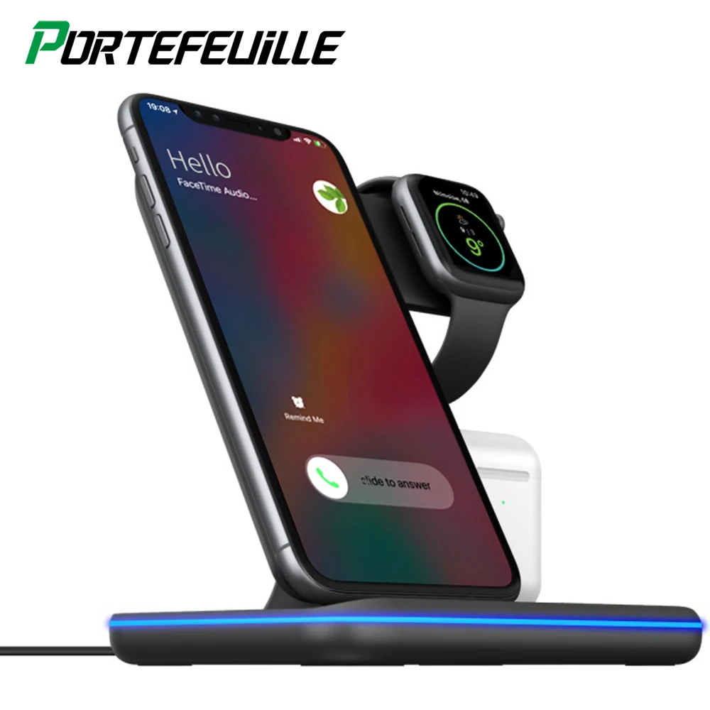 Беспроводное зарядное устройство 3 в 1 док станция для Iphone X 8 Plus Xr 11 Pro Xs Max и Apple Watch 4