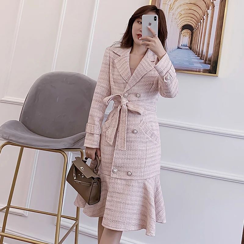 Женская твидовая куртка розовая Осенняя новая на бретельках длинное пальто