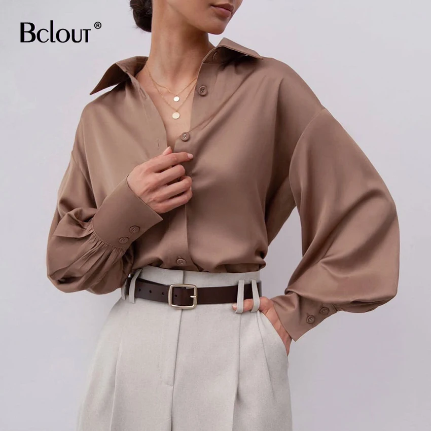 

Bclout Brown Satin Single Breasted Blouses Female Lantern Sleeve Office Lady Elegant Shirts Women Turn Down Collar Vintage Tops