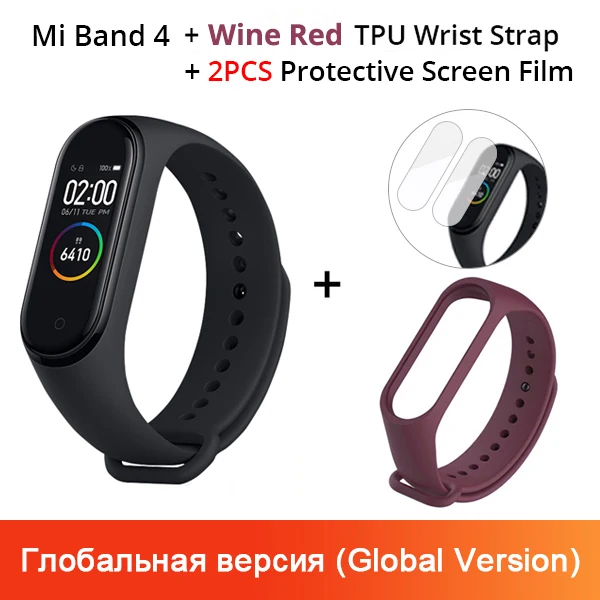Xiaomi mi-браслет 4 смарт-браслет 3 AMOLED цветной экран mi Band 4 пульсометр фитнес Bluetooth Спорт 50 атм водонепроницаемый смарт-браслет - Цвет: Add Wine Red Strap