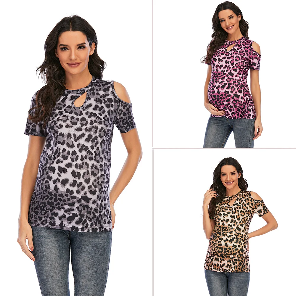 Leopard Print T-shirt Pregnancy Clothes Maternity Pregnant Women Printed Wear Round Collars Short Sleeves Casual Top Blouse Tees