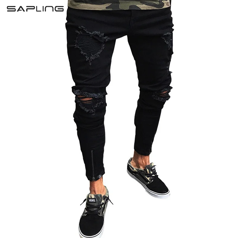 

Мужские модные дизайнерские брендовые черные джинсы, облегающие рваные Стрейчевые зауженные брюки в стиле хоп-хоп с дырками, мужские джинс...
