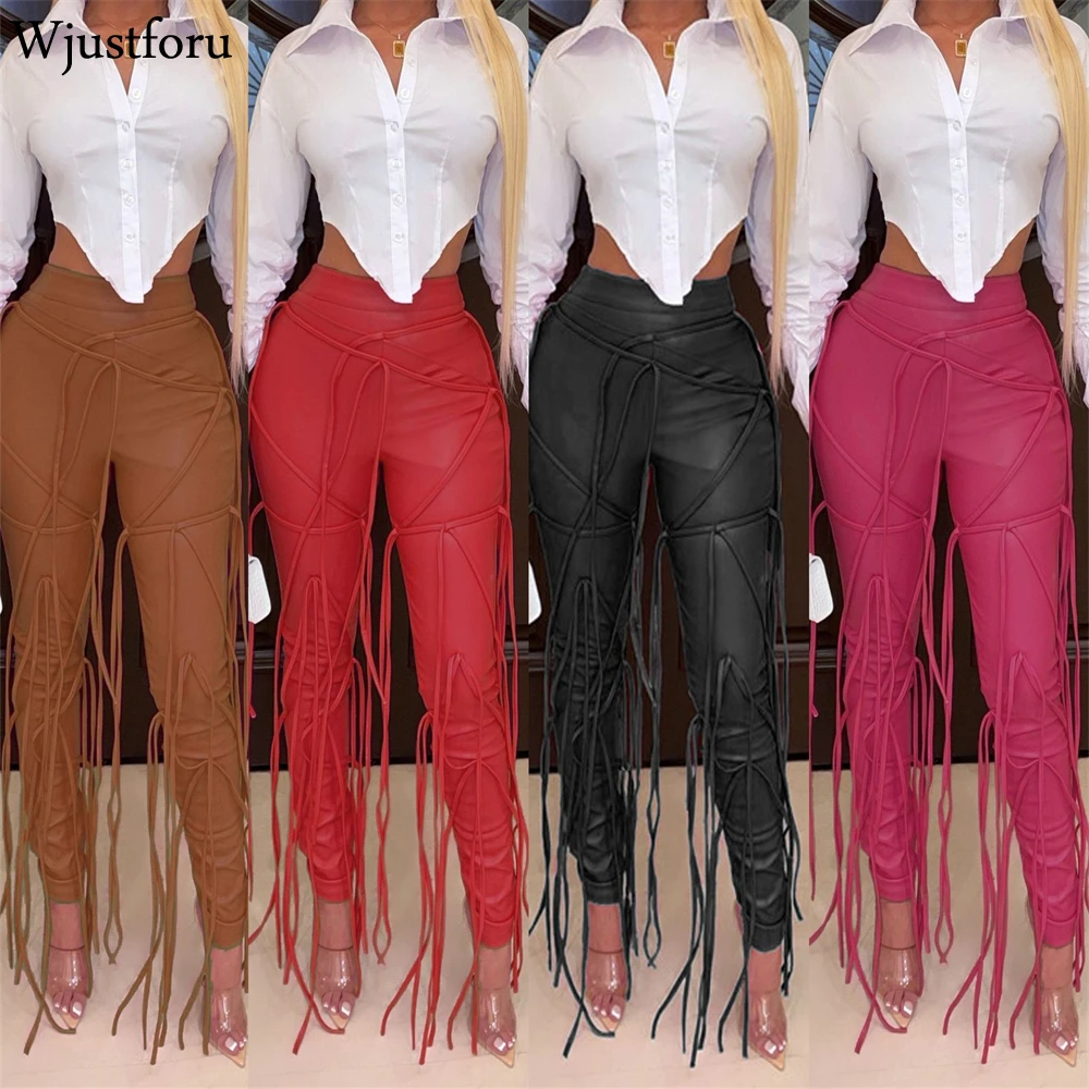 

Wjustforu Lace Up Leather Pants Women Bodycon Zipper High Waist Pants Sexy Solid Party Club Clothes Autumn Casual Trousers