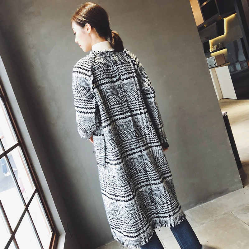 

New autumn and winter small fragrant tweed over knee long thousand bird Plaid coat wool coat girl can customized big size