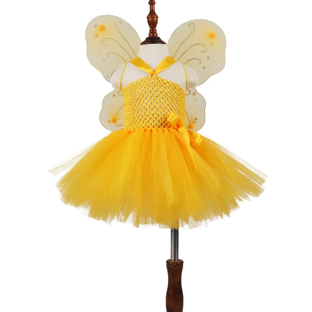 

Yellow Pixie Costumes Girls Butterfly Wings Princess Tutu Dress Kids Halloween Fluffy Tulle Dress Infant Toddler Photo Props