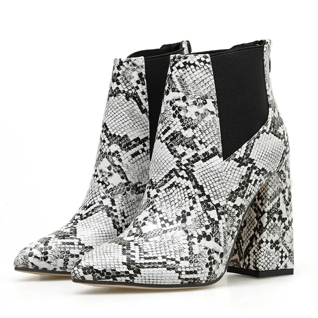 Женские ботильоны на толстом каблуке ботинки высоком со змеиным принтом и