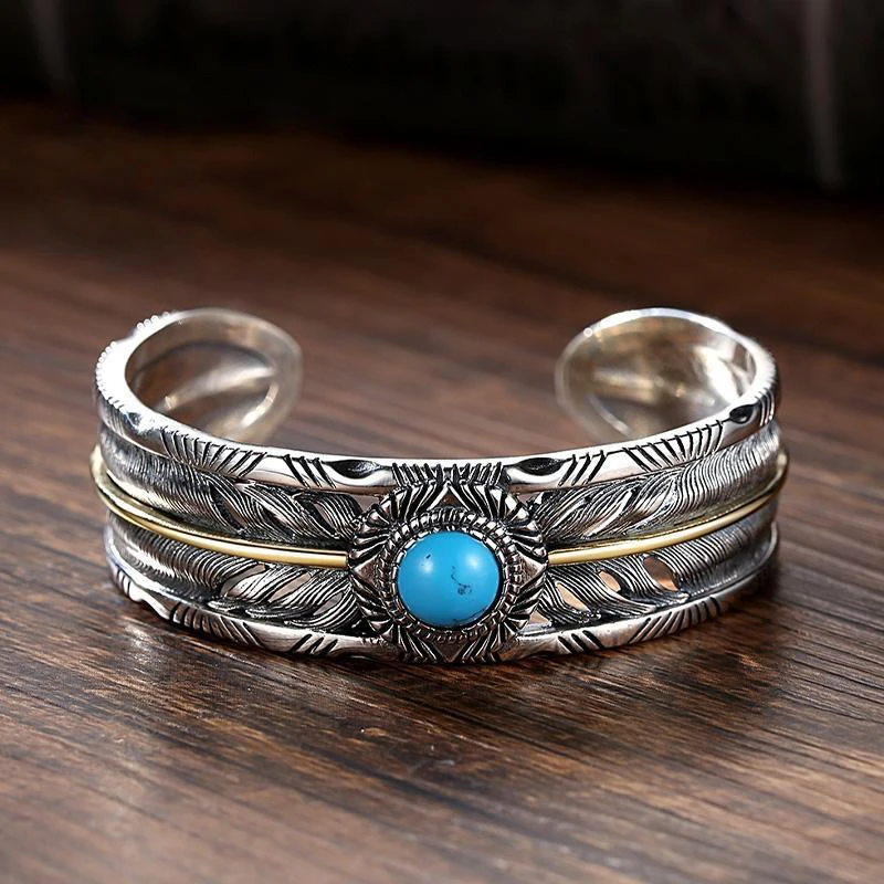 

New Retro Turquoise Bracelet Double Feather Bracelet Men and Women Personality Retro Fashion Jewelry Accessories