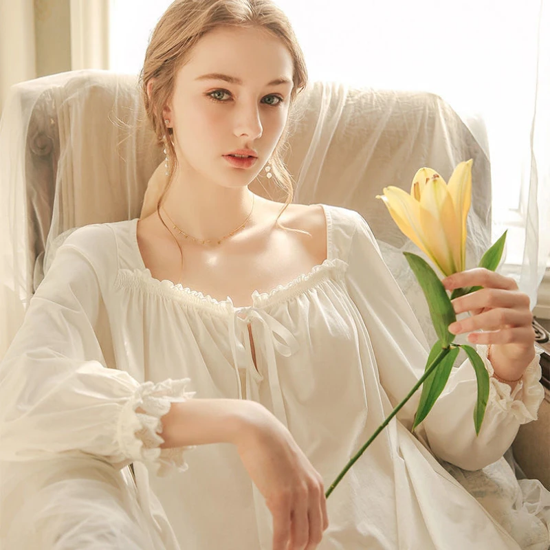 

Vintage Nightgowns Women Thin Cotton White Long Peignoir Large Size Night Dress Victorian Robe Court Style Princess Sleepwear