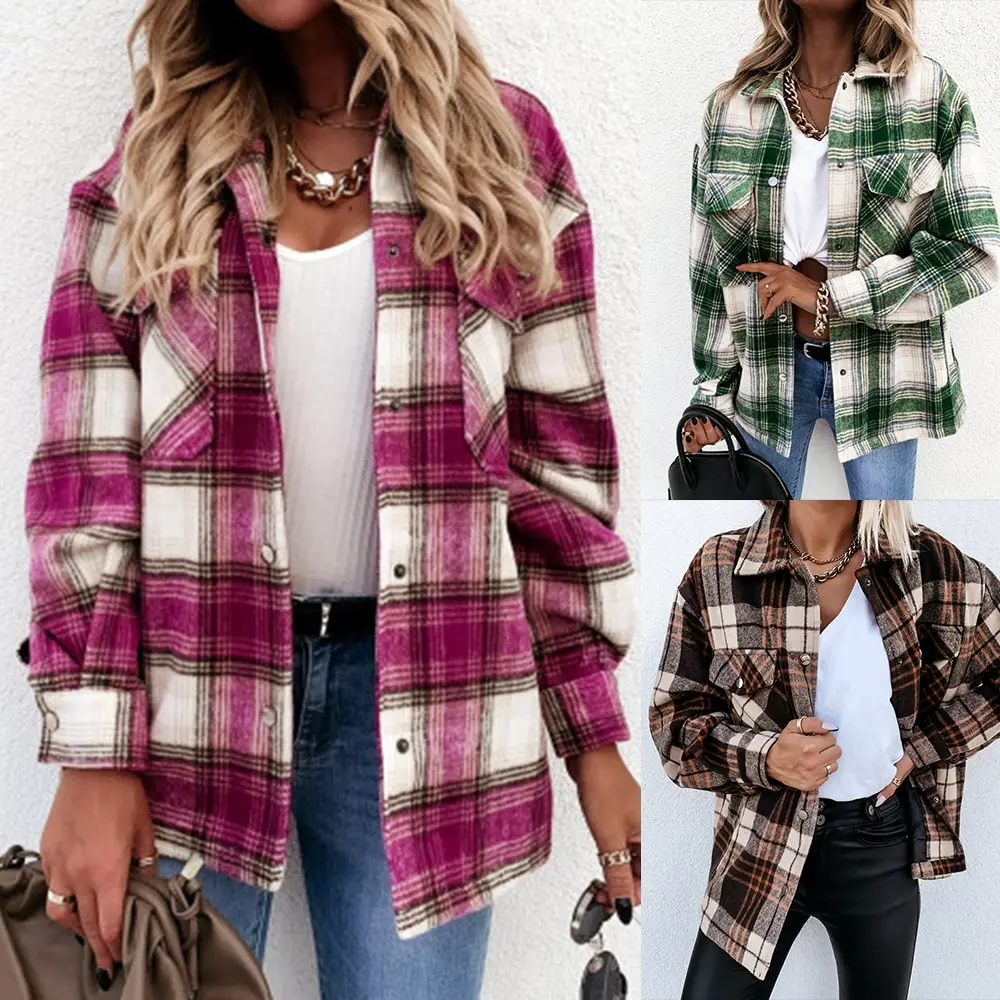 

Women New Vintage Lattice Print Elegant Lapel Single-Breasted Loose Shirt Coat Autumn Winter Lady Casual Long Sleeve Jackets