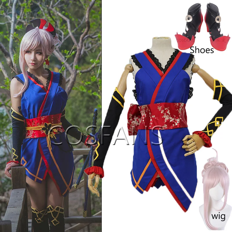 Костюм для косплея FGO Fate Grand Order Miyamoto Musashi Dress Yukata Uniform Outfit Anime Cosplay Costumes Halloween, включая парик и обувь.