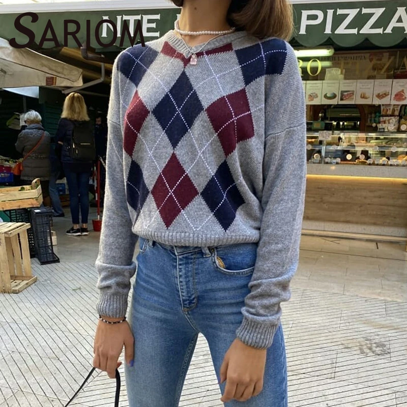 

Свитер Женский вязаный в клетку, с длинными рукавами и V-образным вырезом