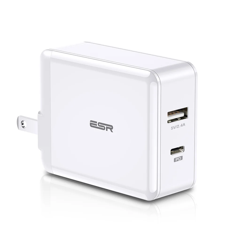 ESR USB C зарядное устройство 30 Вт двухпортовое зарядное устройство питания настенное зарядное устройство со складной вилкой PD 18 Вт порт для iPhone XS/XR/XS Max iPad - Тип штекера: США