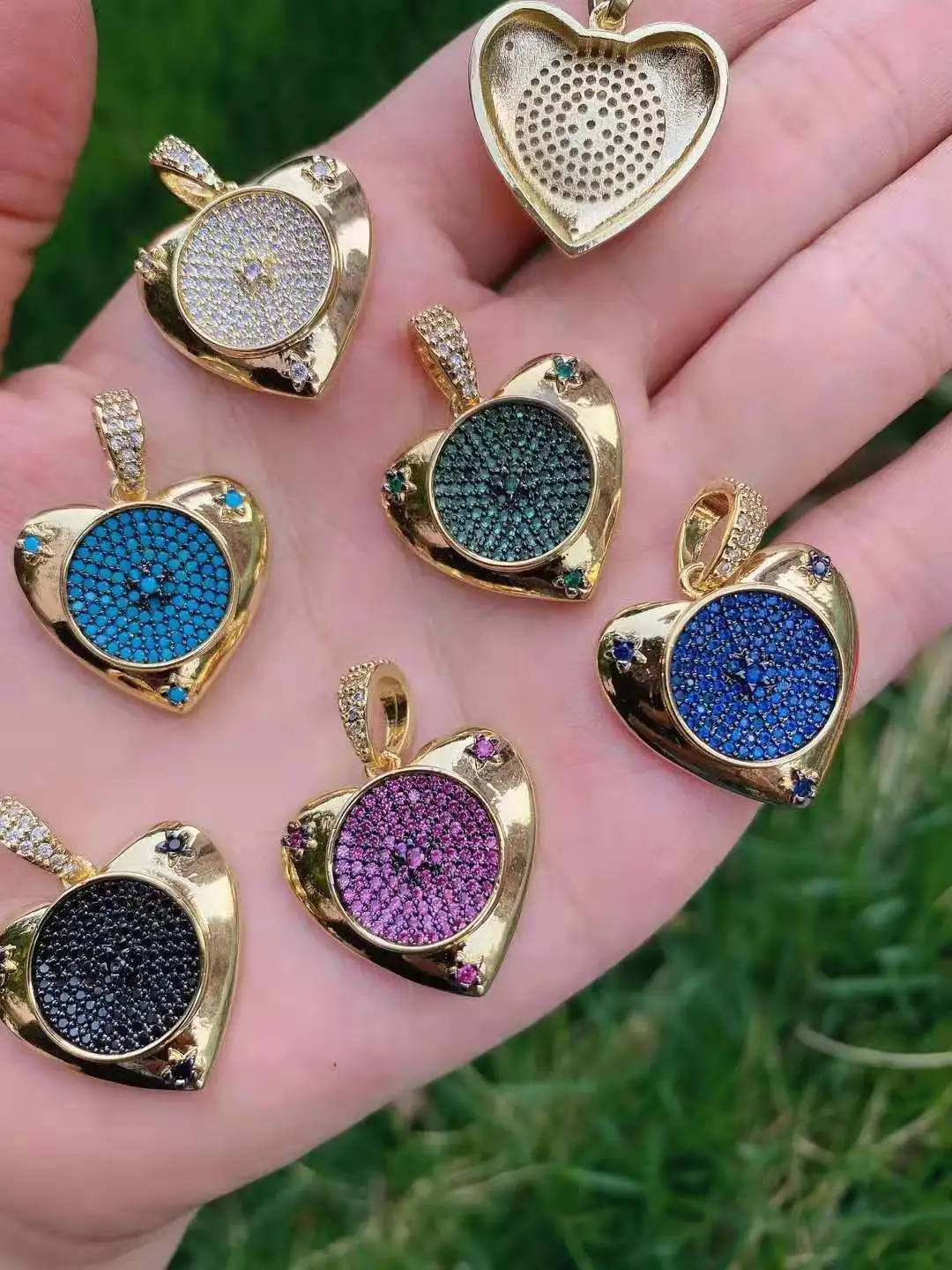 

3PCS, DIY Jewelry Making Gold Color Multi-color Crystal Heart Pendants for Necklace CZ Micro Pave Fashion Charms Pendants
