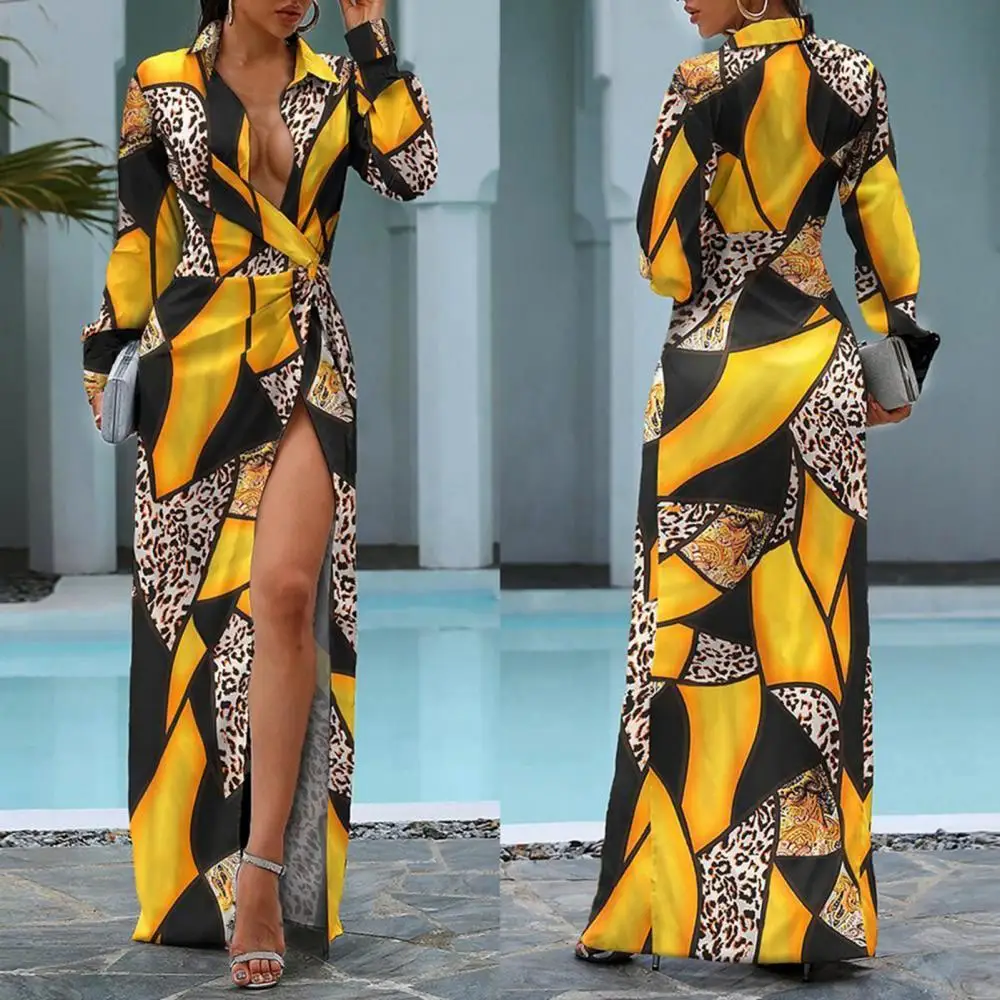 

High Waist Dress Long Sleeve Women Sexy Printing Leopard Deep V Neck Split Maxi Dress