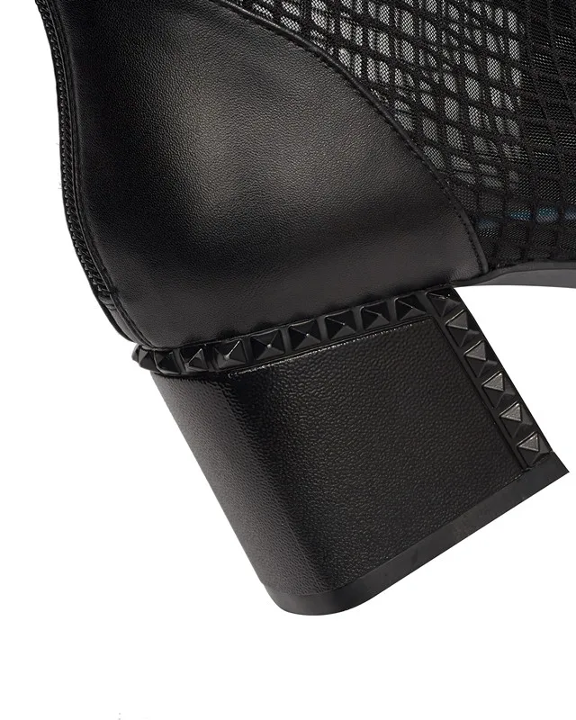 

Sping Knee High Boots Women Natural Genuine Leather Zip Thick High Heel Long Net Boots Buckle Point Toe Shoes Rivets Lady Autumn