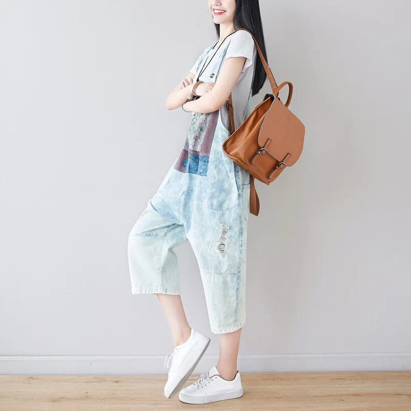 Johnature Retro Patchwork Print Pockets Calf-length Jumpsuits 2021 Summer New Loose Leisure All-match Women Jeans |